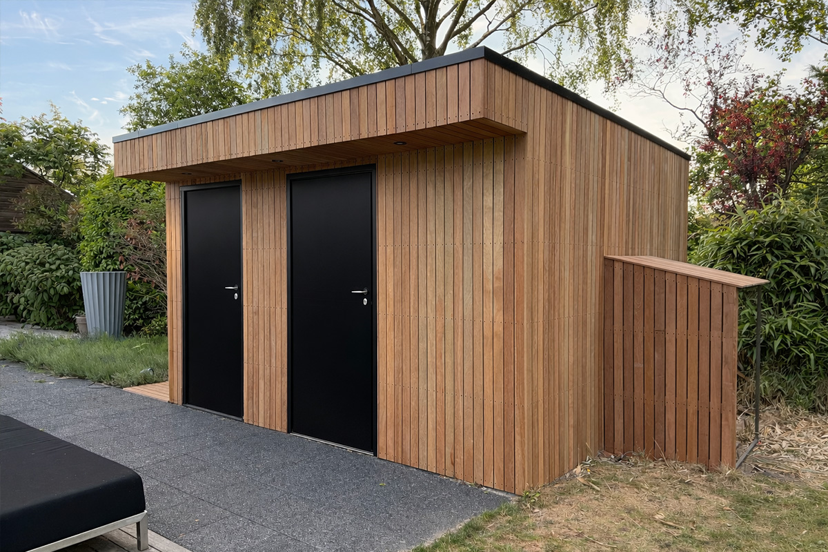 Modern wooden garden shed project featuring vertical wood cladding, dual black doors, and contemporary architectural design
