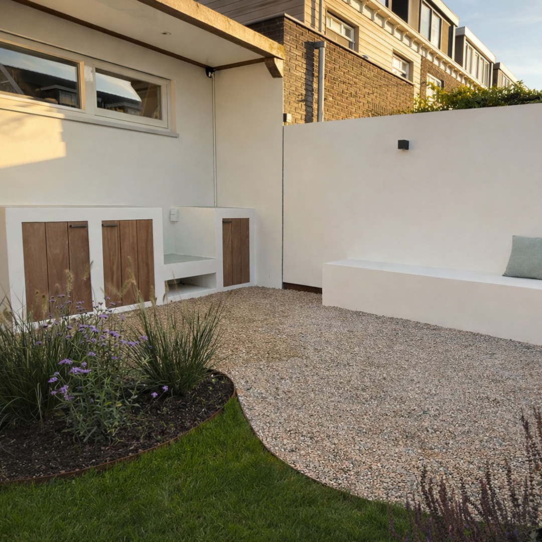 Modern outdoor seating area with built-in benches and white walls